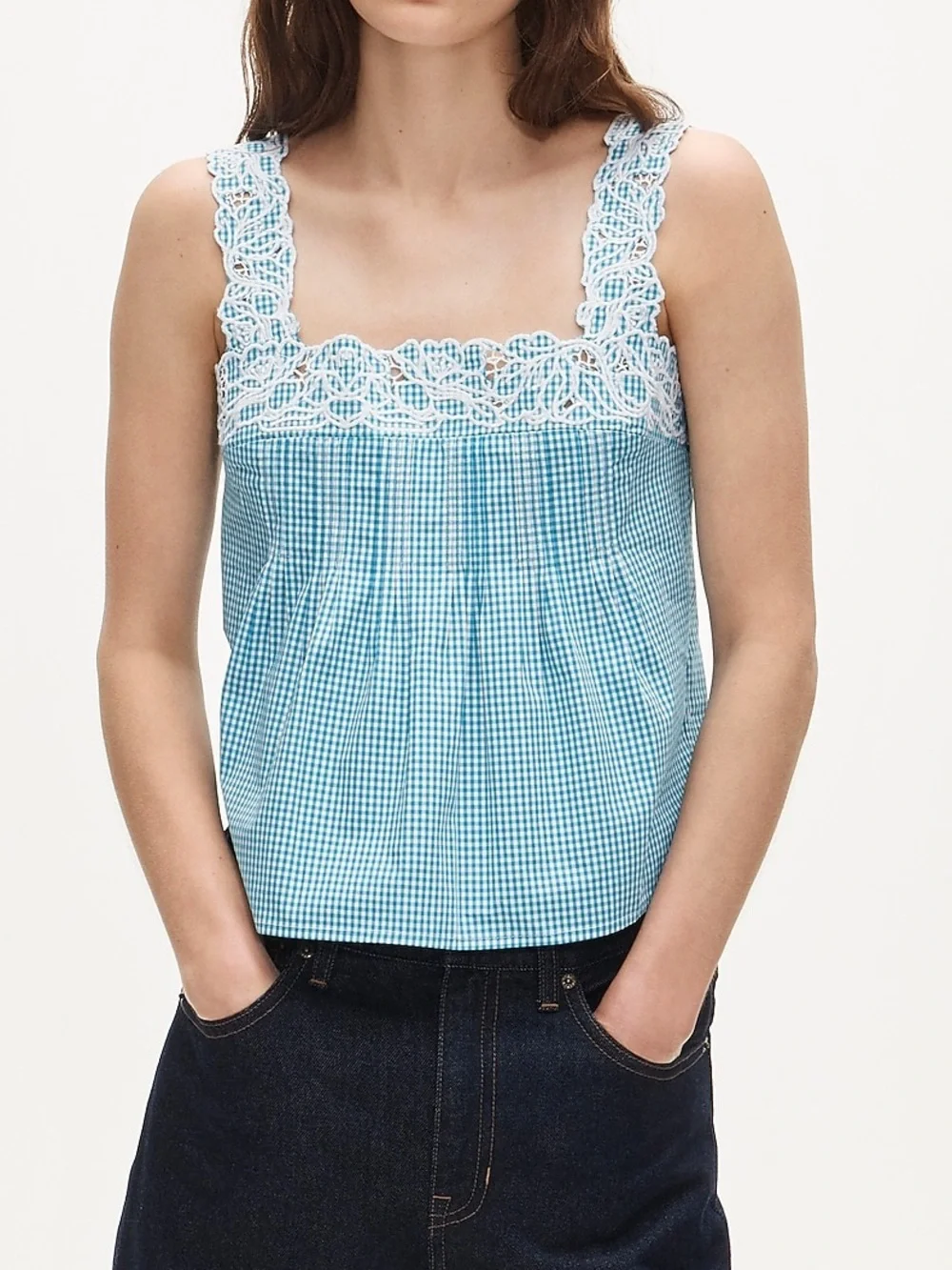 J.Crew Gingham Embroidered Lace Square Neck Tank Top Teal White Size S